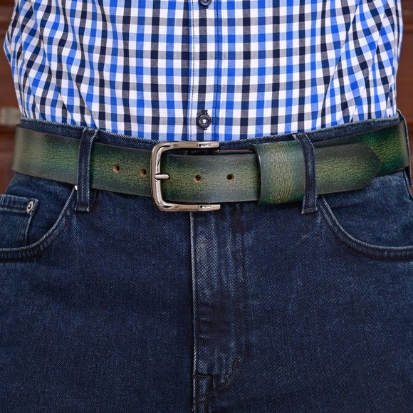Forest Green Vintage Oil Waxed Full Grain Leather Belt - Free Personalization - Picture 9 of 15